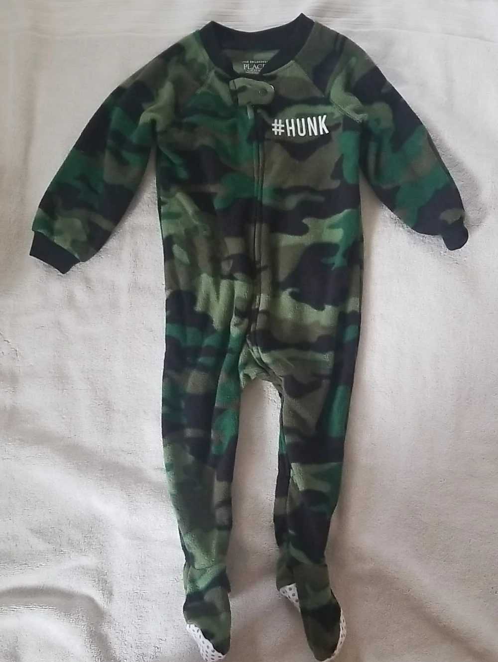 The Children's Place Green & Black Camo One-Piece Footie Pajamas with #HUNK